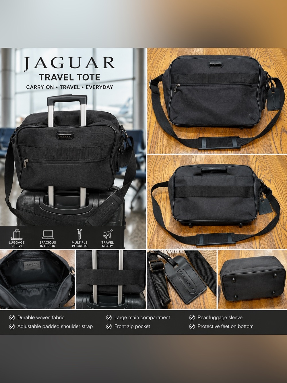 Jaguar Black Travel Tote - Men's Carry-On Shoulder Bag
